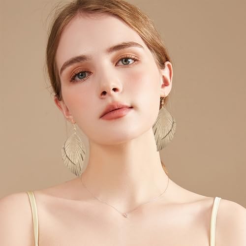 Handmade Bohemian Large Soft Genuine Leather Fringe Double Feather Dangle Drop Earrings Lightweight Simple Color PU Leaf Hook Earrings for Women - color: khaki