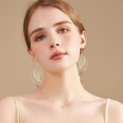 Handmade Bohemian Large Soft Genuine Leather Fringe Double Feather Dangle Drop Earrings Lightweight Simple Color PU Leaf Hook Earrings for Women - color: khaki