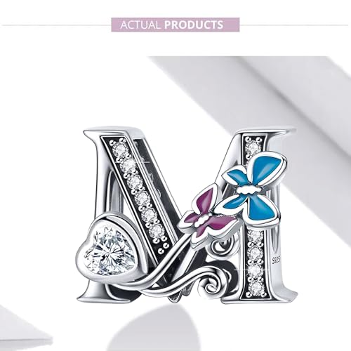 S925 Silver Butterfly Initial Letter Charms Fit for Pandora Charms Bracelets and Necklace Alphabet Bead Charms Jewelry Gifts for Women - color: M