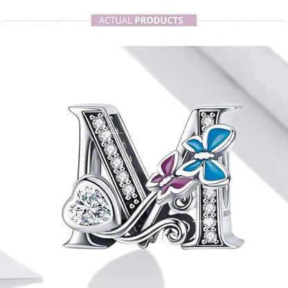 S925 Silver Butterfly Initial Letter Charms Fit for Pandora Charms Bracelets and Necklace Alphabet Bead Charms Jewelry Gifts for Women - color: M