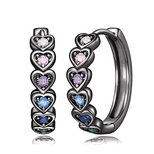 20mm Heart Earring Hoop for Women 925 Sterling Silver Post Multicolor CZ - color: black