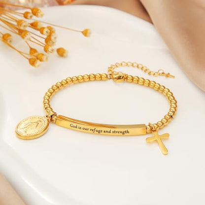 DS Inspirational Bracelet for Women Christian Engraved Bibler Verse Cross Butterfly Daisies Charm Bracelet, Exquisite Stainless Steel Jewelry Daughter Best Friend Bestie - style: God is our refuge and strength-Gold