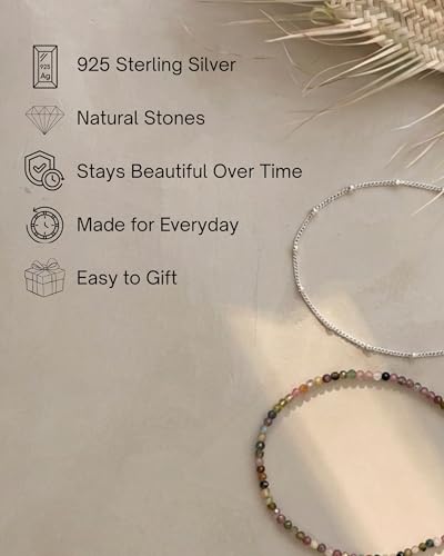 Bracelet Stack for Women, Set of 2 Bracelets, 925 Sterling Silver Satellite Chain, Natural Gemstones Beaded Strand, 6.5"+1" Extender Chain
