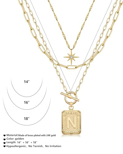 MJartoria Layered Initial Necklaces for Women | 14K Gold Plated Brass, Star Choker, Square Letter Pendant, Paperclip Chain - color: Gold, style: N