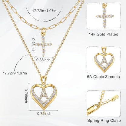 14K Gold Plated Layering Necklaces,Heart Initial Layered Necklace Cross Pendant Necklace Charm Personalized Stackable Jewelry Gift for Her - style: N