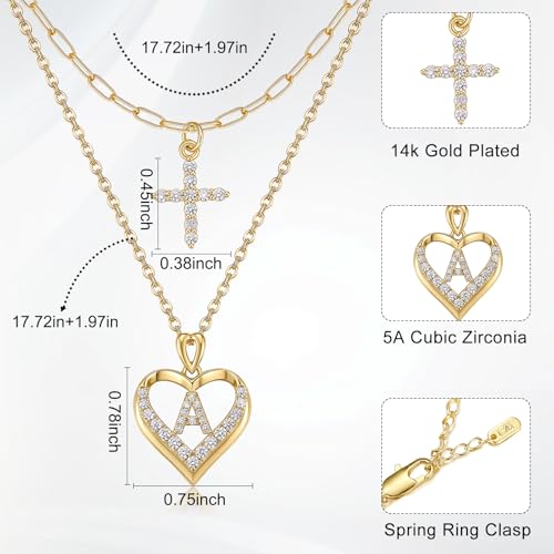 14K Gold Plated Layering Necklaces,Heart Initial Layered Necklace Cross Pendant Necklace Charm Personalized Stackable Jewelry Gift for Her - style: D
