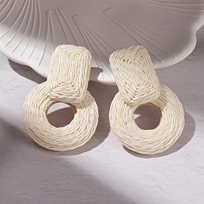 Statement Raffia Earrings Cute Boho Earrings Rattan Dangle Earrings Handmade Straw Wrap Earrings Summer Drop Dangling Earrings for Women Teen Girls - color: White