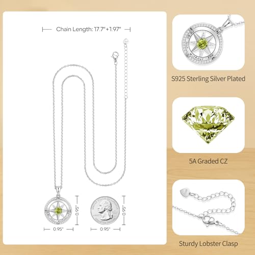 Peeshow Compass Birthstone Necklace for Women Wife, S925 Sterling Silver Gift for Wife Wedding Anniversary Birthday Gifts for Women Jewelry for Her Girlfriend I'd be Lost without You - style: 08-Aug-Peridot