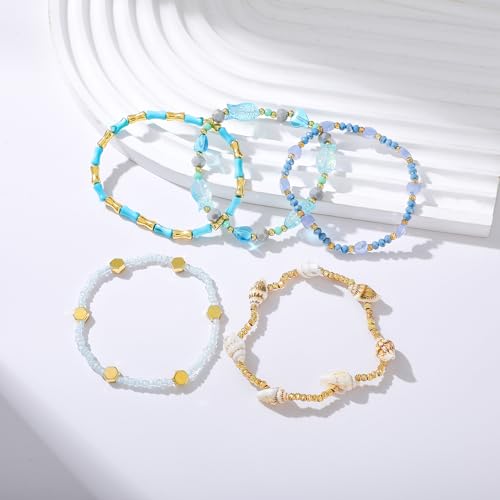 Dainty Gold Plated Pearl Crystal Beaded Bracelets Set for Women 14K Gold Plated Bead Pearl Beads Bracelet Stackable Paperclip Link Chain Bracelets Gold Plated Bracelets for Women Trendy Jewelry - color: Style6 Blue