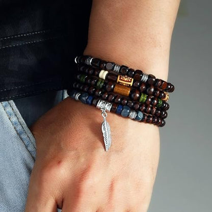 Mens Beaded Bracelets Tribal Wooden Elastic Adjustable Prayer Beads Wrap Cuff for Women - color: C: 5pcs