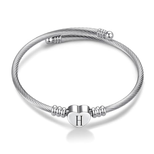Women Initial Heart A-Z Letter Cuff Bracelet Personalized Name Expandable Wristband Bangle Bracelets Stainless Steel Birthday Jewelry - style: H