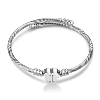 Women Initial Heart A-Z Letter Cuff Bracelet Personalized Name Expandable Wristband Bangle Bracelets Stainless Steel Birthday Jewelry - style: H
