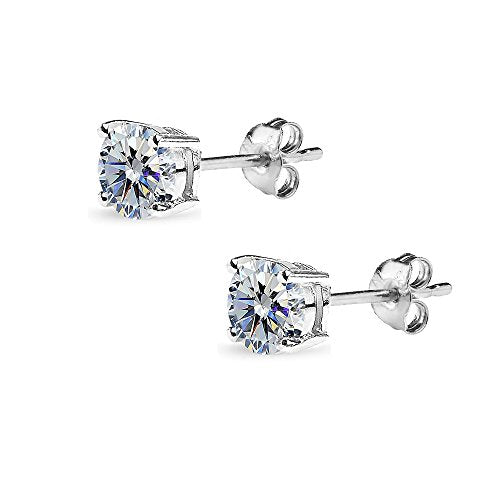 Sterling Silver Birthstone Crystal Solitaire Stud Earrings for Women and Men - color: April - Clear