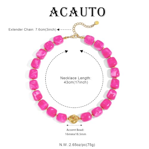 Chunky Beaded Necklace for Women,Square Resin beads boho Choker Necklace with gold-tone spacers,Fashion Trendy Summer Beach Party Necklaces Handmade Surfer Beach Necklaces Jewelry Gifts - color: Magenta