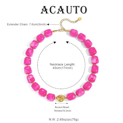 Chunky Beaded Necklace for Women,Square Resin beads boho Choker Necklace with gold-tone spacers,Fashion Trendy Summer Beach Party Necklaces Handmade Surfer Beach Necklaces Jewelry Gifts - color: Magenta