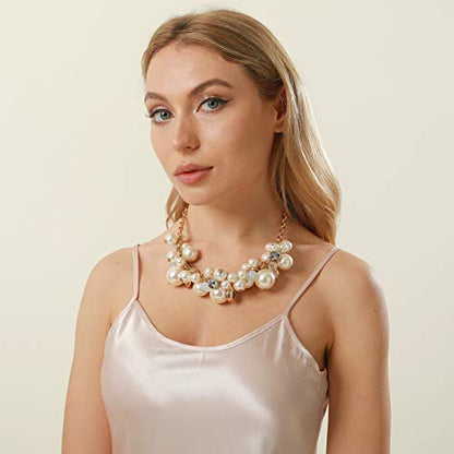 utop JNF Hand made Pearl Statement Necklace for Women Rhinestone Multilayer Crystal Necklaces Chunky Pearl Necklace Large Pearl Necklace and Earrings Set for Mother Mom's gift - color: white pearl chain necklace