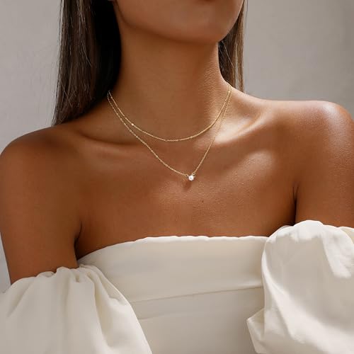 Layered Gold Necklace Set for Women Dainty Waterproof Cute Choker | 14K Gold Plated Minimalist Non Tarnish Lightweight CZ Pendant Pearl Twist Paperclip Chain Jewelry Gifts - style: 2PCS-Dotchain zircon-GD