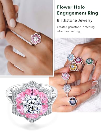 Flower Engagement Promise Ring Sterling Silver Birthstone Rings for Women Sapphire/Emerald/Ruby Gemstone Six Leaf Clover Statement Cocktail Ring Size 6 to 10 - style: 10. October-Created Pink Sapphire