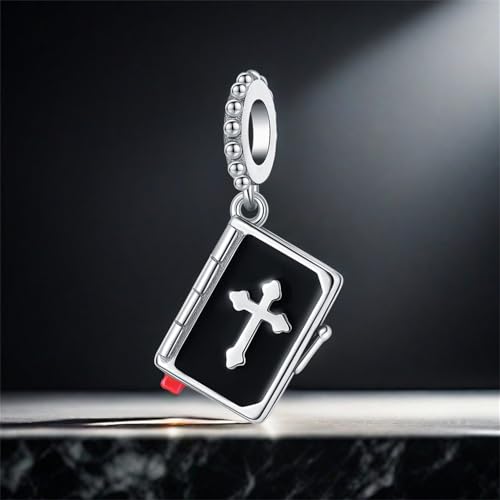 925 Sterling Silver Charms for Bracelets and Necklace Religious Cross Pendants Praying Hands, Bible, Virgin Mary, Jesus, Church Bead Jewelry - color: Holy Book Charms
