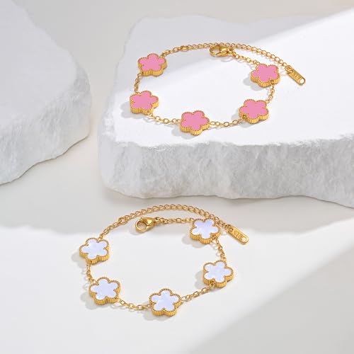 Women Gold Bracelets Jewelry Set - 3Pcs 18K Gold Plated Floral Bracelet,Stainless Steel Charm Bracelet Non-Tarnish,Adjustable Lucky Chain Trendy Gift,Christmas Valentines Birthday Gifts for Girlfriend - style: White&Pink