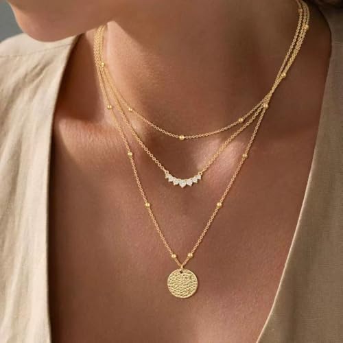 Gold Layered Necklaces for Women, 14K Gold Plated Paperclip Snake Chain Necklace Set, Dainty Coin Cross Tear Pendant Layering Choker Necklaces, Simple Trendy Stackable Jewelry Gifts - color: 3PCS / Coin&CZ&Chain