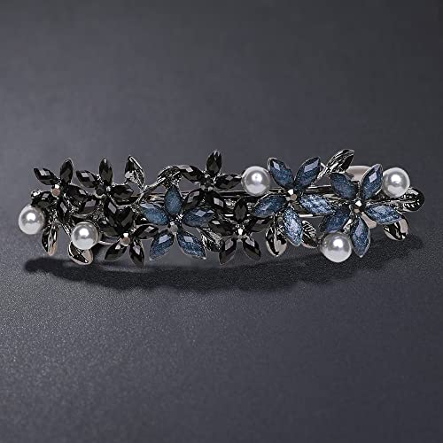 Flower Rhinestone Hair Barrettes for Women Fine Hair Glitter Sparkle Fancy Hair Clips for Women And Girls Elegant Pearl Barrettes (Black&Blue) - color: Black&Blue
