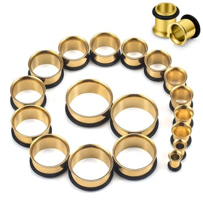 12G-25mm Single Flared Gauges Tunnels Stretching Kit 316L Surgical Steel O-ring Ear Gauges Plugs Earring Lobe flesh Tunnel Gauge Stretcher Silver Black Gold Color Tone - color: Gold, size: 6g/4g/2g/0g/00g/12mm/14mm/16mm18mm
