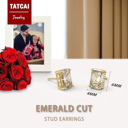 18K White Gold Plated Sterling Silver Emerald Cut Cubic Zirconia Stud Earrings Clear CZ Diamond Stud Earrings for Women Men Hypoallergenic - color: Gold, size: 4MM*6MM