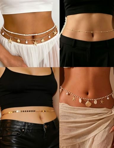 Gold Starfish Waist Chain for Women 18k Gold Plated Belly Chain Belt Layered Seashell Pearl Conch Beads Sequin Satellite Body Chains Sexy Bikini Summer Vacation Beach Jewelry Adjustable - color: 8 Pcs Gold