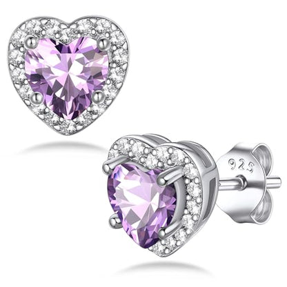 Bestyle Sparkling 925 Sterling Silver Birthstone Stud Earrings for Women, Heart/Round/Teardrop/Square Solitaire Diamond Studs Earrings, Great Birthday/Christmas Gifts - style: 06. Purple Alexandrite-June-heart