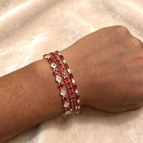 3Pcs Women Stackable 14K Gold Plated Tennis Bracelet with Colorful CZ | Dainty Classic Everyday Jewelry 14K Gold Plated Colorful Cubic Zirconia Tennis Bracelet Created Diamond for Wedding 7 inches - color: gold red