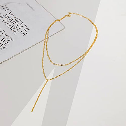 Gold Necklace for Women, Dainty Long Necklace 14k Gold Plated Lariat Long Necklaces for Women Trendy Simple Statement Drop Necklace Fashion Body Chain Prom Jewelry Gold Accessories - color: 14-Gold