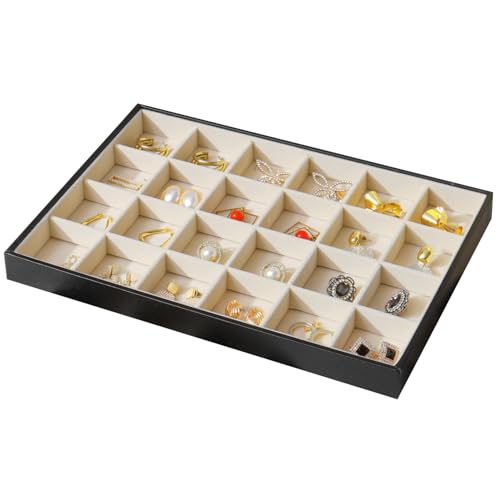 Large Jewelry Organizer Tray, Stackable Jewelry Storage Holder PU Leather Velvet Jewellery Display Case for Stud Earring Bracelet Necklace Ring (Black Beige, 24 Grids) - color: Black Beige