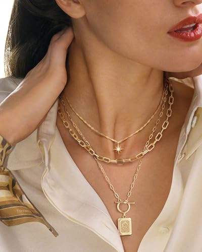 MJartoria Layered Necklaces for Women, 14K Gold Plated Brass | Star Choker, Square Birth Flower, Paperclip Chain, Trendy - color: Gold, style: Z04-Daisy