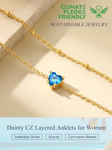Suplight Gold Plated Butterfly Anklets for Women Waterproof, Layered Boho Ankle Bracelet with Birthstone, Stainless Steel Adjustable Non-Tarnish Heart Foot Jewelry Beach Vacation - color: 06. Heart-Jun. Alexandrite