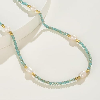 KissYan Beaded Choker Necklace for Women, Colorful Natural Gemstones Pearl Choker 14K Gold Plated Pendant Healing Crystal Necklace Handmade Stone Jewelry Gift | 14K Gold Plated Pendant Necklaces, Natural Gemstones Pearl Choker, Healing Crystal Chain, Hand