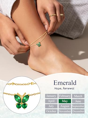 Suplight Gold Plated Butterfly Anklets for Women Waterproof, Layered Boho Ankle Bracelet with Birthstone, Stainless Steel Adjustable Non-Tarnish Heart Foot Jewelry Beach Vacation - color: 05. Butterfly-May. Emerald