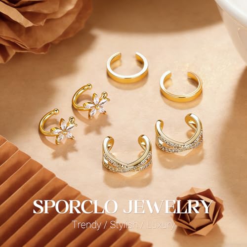 Ear Cuff Earrings for Women Non Piercing Helix Cartilage Clip on Ear Cuffs 14K Gold Plated & Sterling Silver Stainless Steel Hypoallergenic Huggie Hoop Fake Earring Set Jewelry Gift - color: A2-Floral Cuff Set Gold