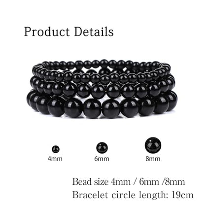 3 PCS Healing Crystal Bracelets for Women 8mm Natural Stone Beaded Stretch Bracelet Amethyst Jewelry Gifts - color: 4,6,8mm Black Onyx