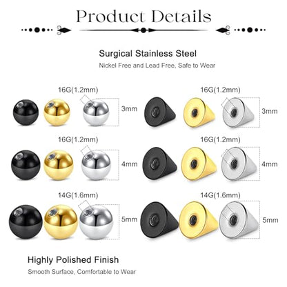 Fake Eyebrow Ring Fake Lip Labret Studs Replacement Balls Spike with 100pcs Sticker Non-Piercing Body Jewelry Fake Skin Piercing - color: A3 -Silver + Gold + Black