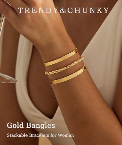 ZOERAY Silver Gold Bangle Bracelets for Women Non Tarnish 14k Gold Plated Stackable Cuff Bracelets for Women Trendy Cubic Zirconia Stainless Steel Chunky Bracelet Stack Set Waterproof Jewelry Gifts - color: C.Rope-Gold
