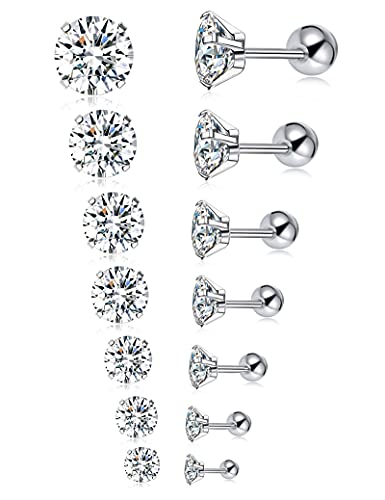 7 Pairs 18G 20G Stainless Steel Stud Earrings Round Cubic Zirconia Barbell Earring Set For Men Women 2MM-8MM Silver Tone - style: F:7 Pairs,Ball Backs,18G