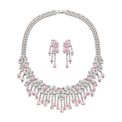 EVER FAITH Bridal Jewelry for Bride Bridesmaid, Elegant Cubic Zirconia Birthstone Cluster Flower Teardrop Wedding Party Necklace Dangle Earrings Sets for Women - color: Pink