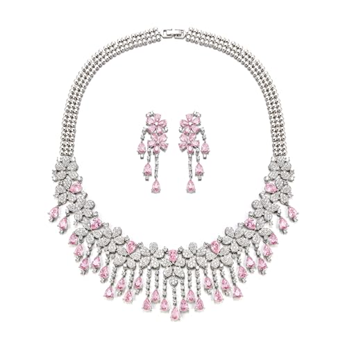 EVER FAITH Bridal Jewelry for Bride Bridesmaid, Elegant Cubic Zirconia Birthstone Cluster Flower Teardrop Wedding Party Necklace Dangle Earrings Sets for Women - color: Pink