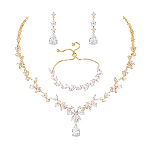 Bridal Wedding Jewelry CZ Set Marquise Teardrop Cubic Zirconia Pendant Necklace and Dangle Earring Bracelet Sets for Women - color: Gold plated