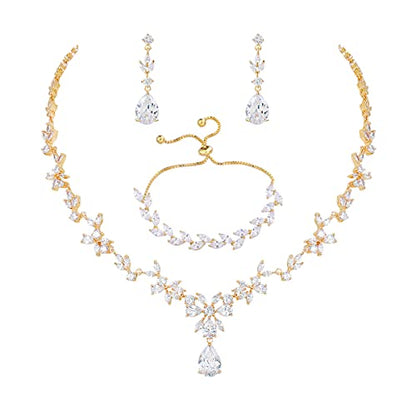 Bridal Wedding Jewelry CZ Set Marquise Teardrop Cubic Zirconia Pendant Necklace and Dangle Earring Bracelet Sets for Women - color: Gold plated