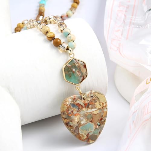 Yomisa Long Necklaces for Women Trendy, 33/34/35 inch | Boho Beaded Necklaces for Women, Natural Stone Pendant, Handmade Knotted Bead, Bohemian Holiday Summer Western Charm Jewelry - color: Love-Beige