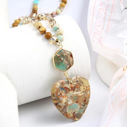 Yomisa Long Necklaces for Women Trendy, 33/34/35 inch | Boho Beaded Necklaces for Women, Natural Stone Pendant, Handmade Knotted Bead, Bohemian Holiday Summer Western Charm Jewelry - color: Love-Beige