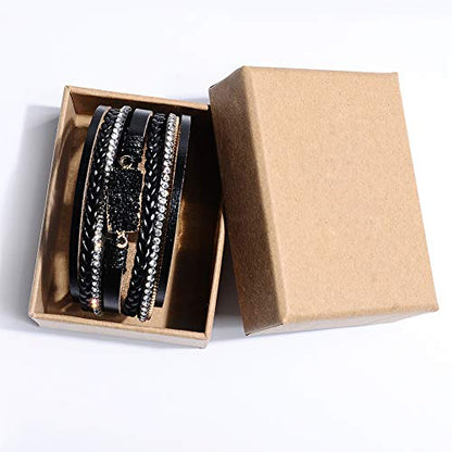 Vercret Leather Wrap Bracelet for Women, Multi-Layer Cuff Bangle | Boho Stacked Bracelets with Safe Clasp Western Bangle Jewelry Gift for Lady and Mom Sister Friend - style: Druzy Black