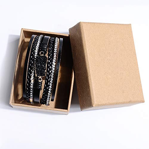 Vercret Leather Wrap Bracelet for Women, Multi-Layer Cuff Bangle | Boho Stacked Bracelets with Safe Clasp Western Bangle Jewelry Gift for Lady and Mom Sister Friend - style: Druzy Black